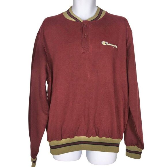 Vintage 80s Champion Mens Sweatshirt L Maroon Red Henly Pullover New Made In USA